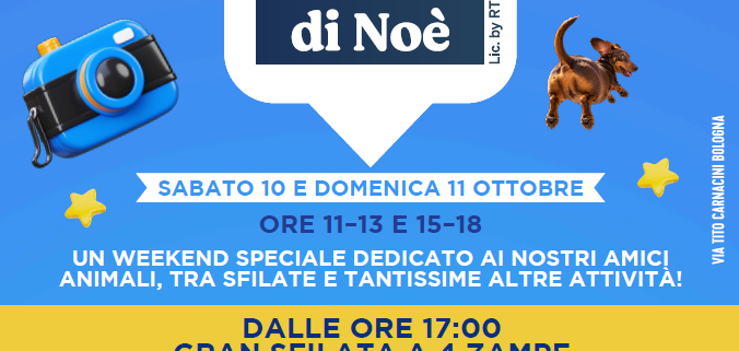 “L’Arca di Noè in Tour 2026” fa tappa a Bologna: un intero weekend dedicato agli amici a quattro zampe Sabato 10 e domenica 11 ottobre, dalle ore 11:00 alle 13:00 e dalle 15:00 alle 18:00.
