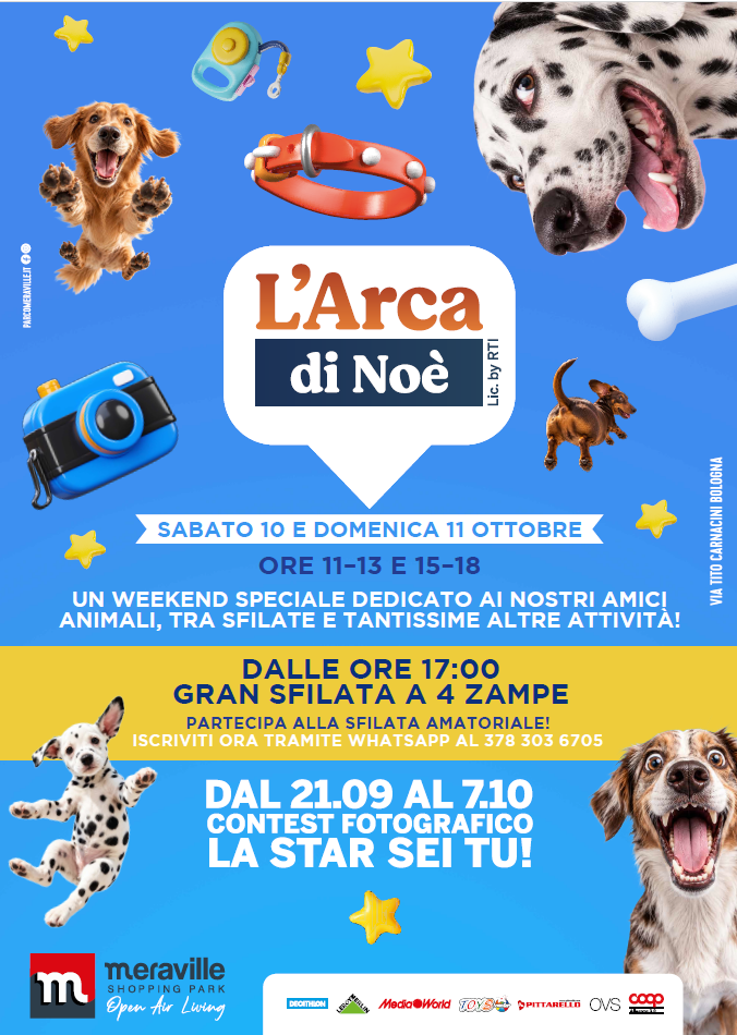 “L’Arca di Noè in Tour 2026” fa tappa a Bologna: un intero weekend dedicato agli amici a quattro zampe Sabato 10 e domenica 11 ottobre, dalle ore 11:00 alle 13:00 e dalle 15:00 alle 18:00.